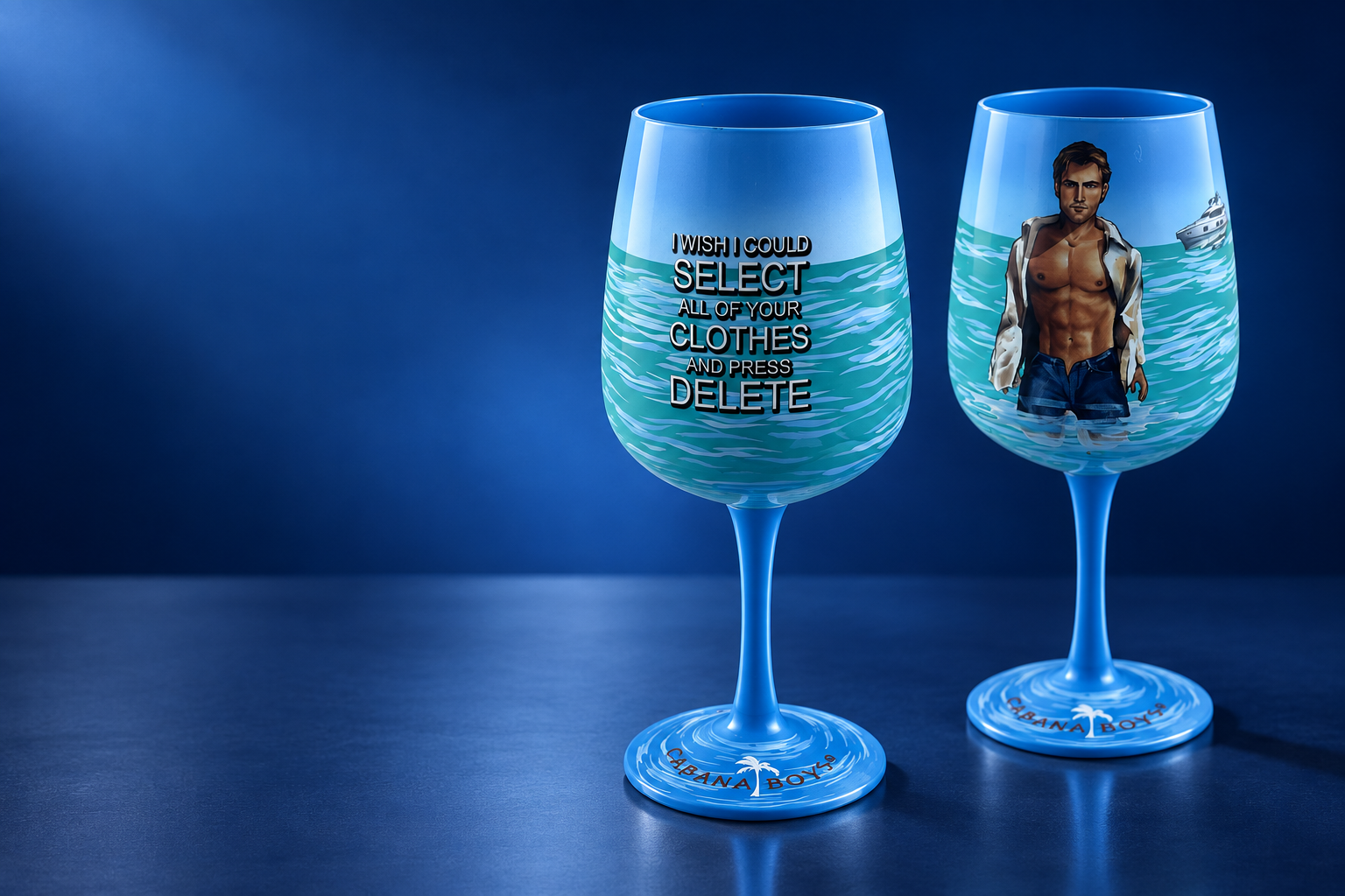Two views of a blue hand-painted GobletGlass stemmed goblet